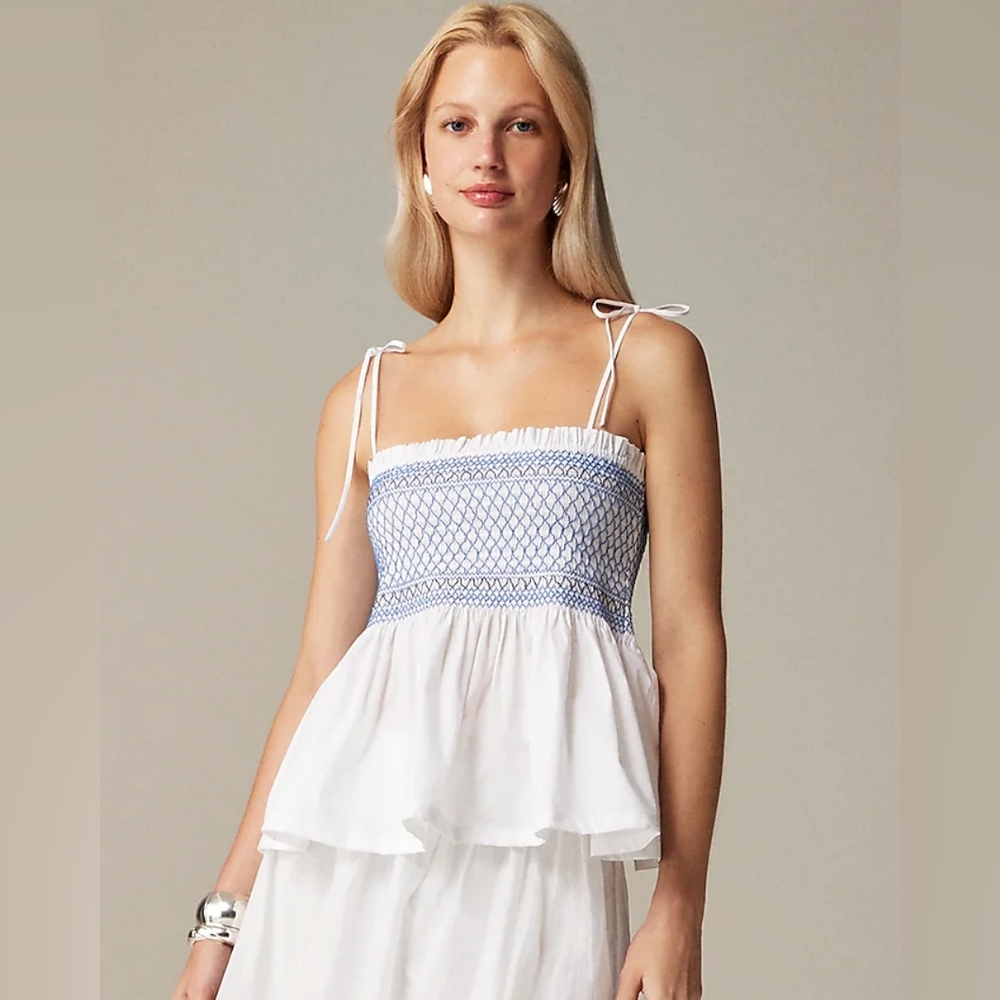 J. Crew Paloma Blue and White Tiered Smocked Blouse